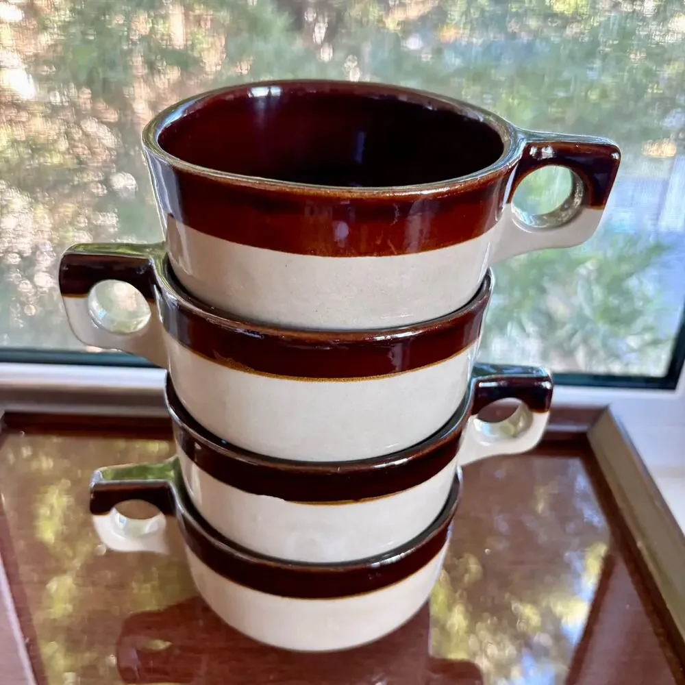 Vintage Western Stoneware Maple Leaf Brown Band Soup Mugs, Set of 4
